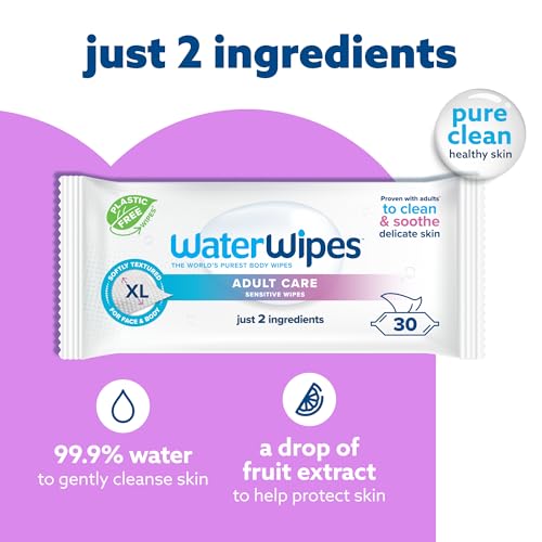 WaterWipes Adult Care Sensitive Body & Intimate Hygiene Wipes, 90 Wipes (3 Packs), Extra Large Textured, 99.9% Water-Based, For Everyday Personal Uses|B0D824C468