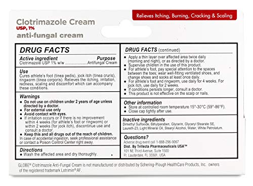 (5 pack) Globe Clotrimazole Antifungal Cream 1% (1 oz) Relieves the itching, burning, cracking and scaling associated with fungal infections | Compare to the Name Brand Active Ingredient|B015HNGLJS