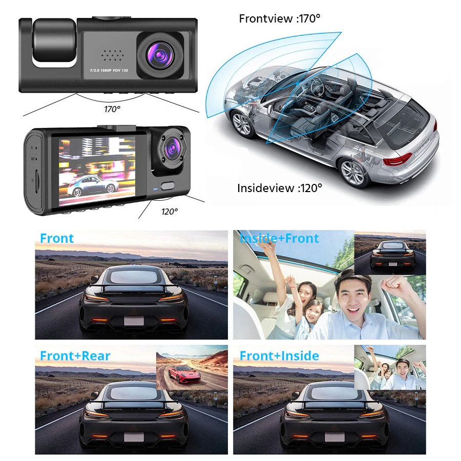 Car Dual Lens Dash Cam HD 1080P Front & Rear Inside Camera with G-Sensor Night Vision