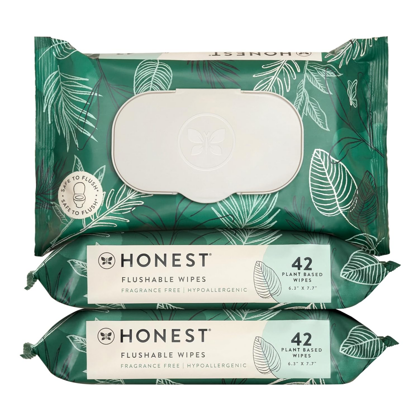 The Honest Company Flushable Wipes for Sensitive Skin | Fragrance Free, Hypoallergenic, 99% Water, Safe to Flush | Tropical Leaves, 126 Count