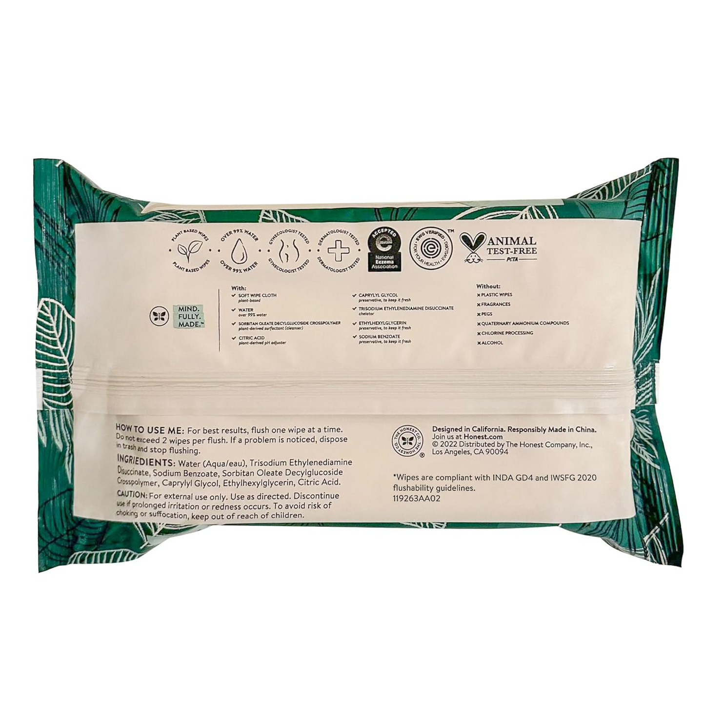 The Honest Company Flushable Wipes for Sensitive Skin | Fragrance Free, Hypoallergenic, 99% Water, Safe to Flush | Tropical Leaves, 126 Count