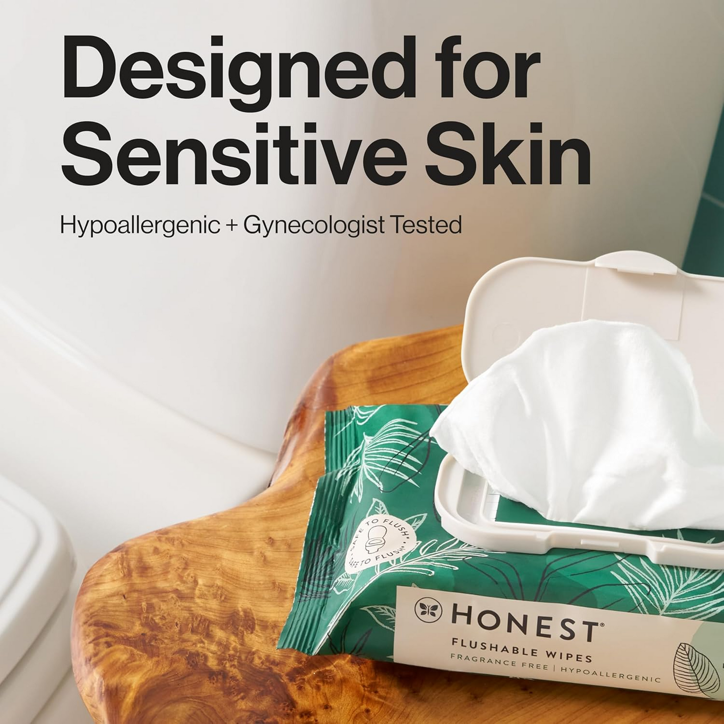 The Honest Company Flushable Wipes for Sensitive Skin | Fragrance Free, Hypoallergenic, 99% Water, Safe to Flush | Tropical Leaves, 126 Count