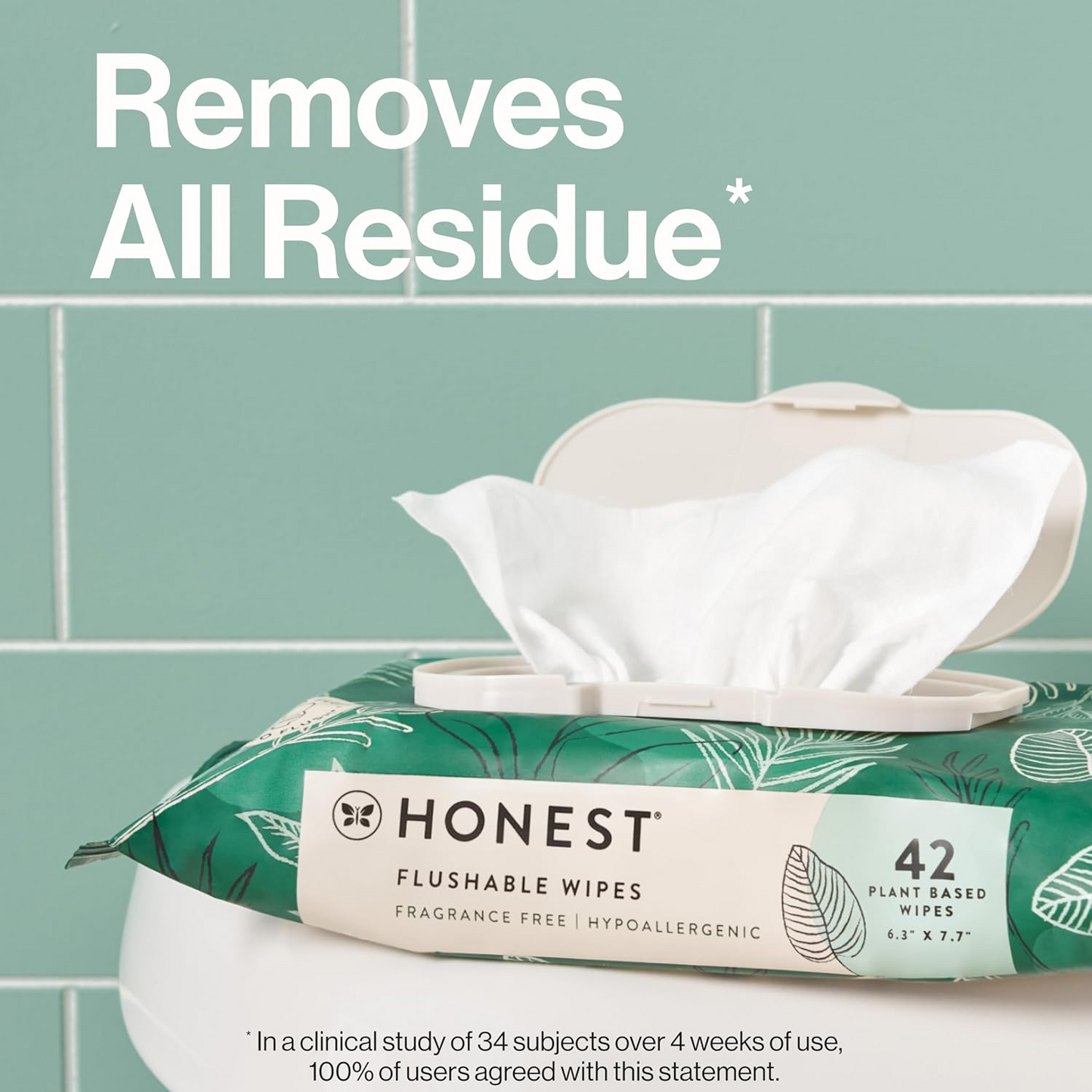 The Honest Company Flushable Wipes for Sensitive Skin | Fragrance Free, Hypoallergenic, 99% Water, Safe to Flush | Tropical Leaves, 126 Count