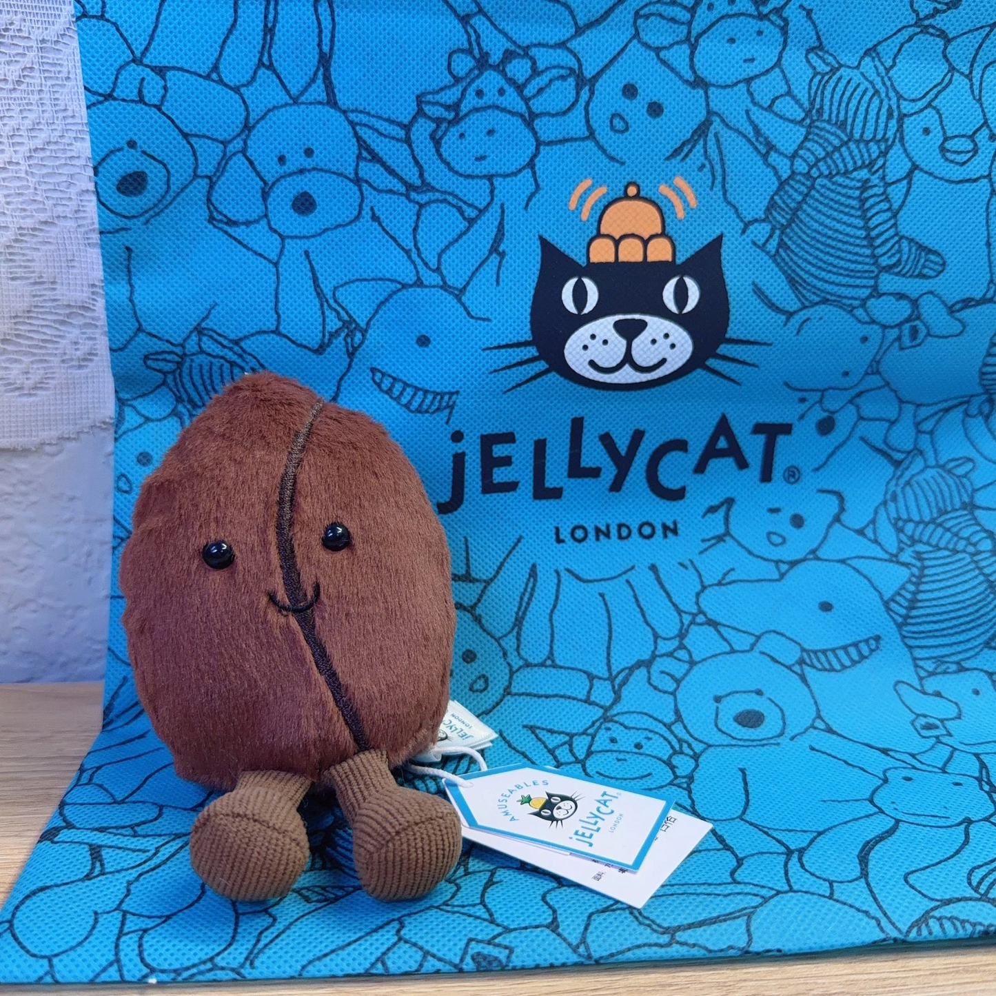 Jellycat Amuseable Coffee Bean Bag Charm – Cute Soft Plush Keychain with Dust Bag