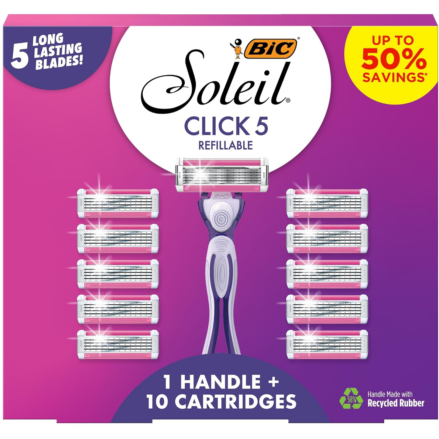 BIC Soleil Click 5 Women's Refillable 5 Blade Razors, Perfect for Gift Sets Women, 1 Handle and 10 Cartridges, 11-Pack