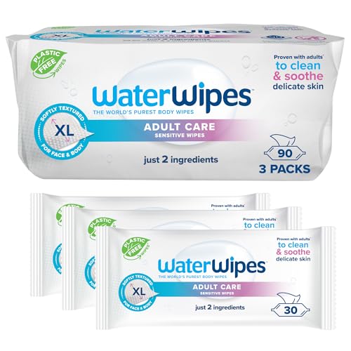 WaterWipes Adult Care Sensitive Body & Intimate Hygiene Wipes, 90 Wipes (3 Packs), Extra Large Textured, 99.9% Water-Based, For Everyday Personal Uses|B0D824C468
