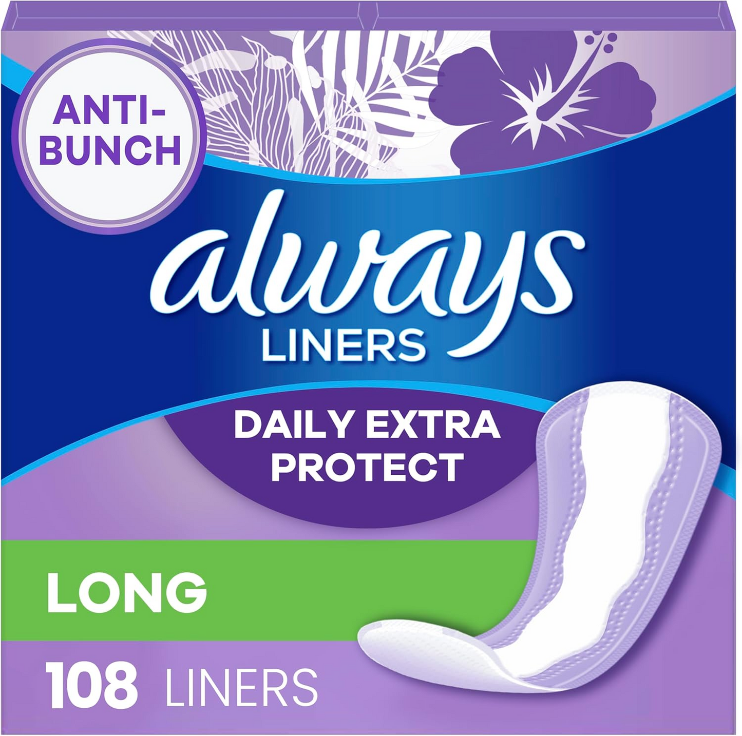 Always Daily Extra Protect Liners, Long Length, Unscented Panty Liners, 108 Count