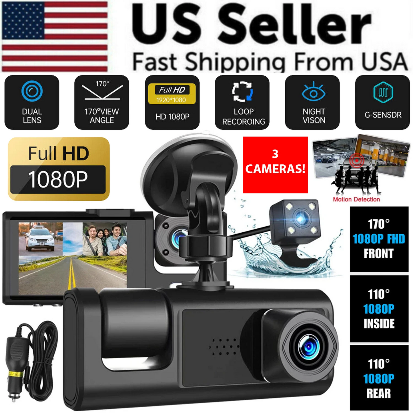 HD 1080P dual lens dash cam with front and rear recording