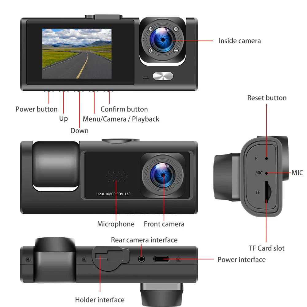 Car Dual Lens Dash Cam HD 1080P Front & Rear Inside Camera with G-Sensor Night Vision