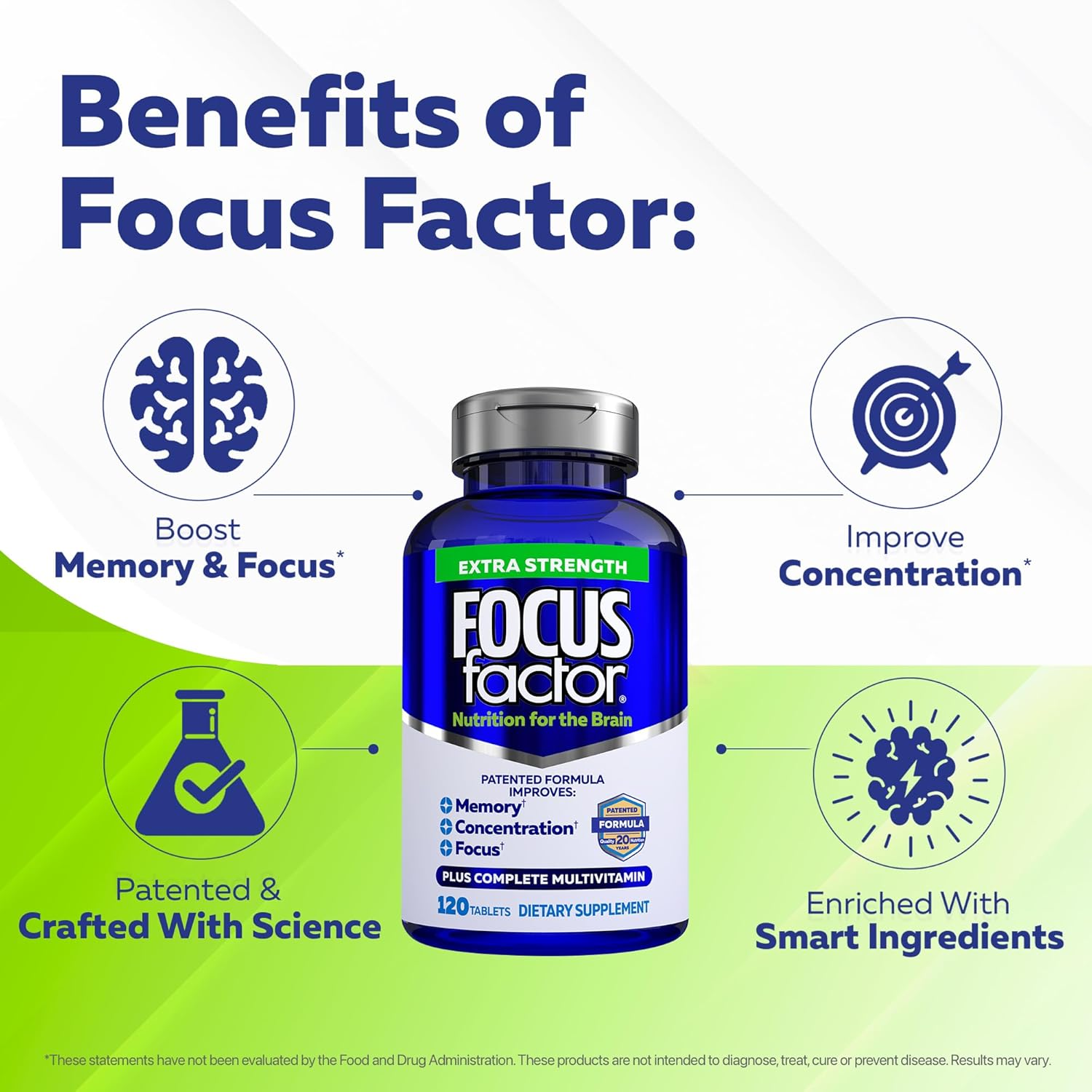 Focus Factor Extra Strength Brain Supplement for Adults – Memory, Concentration & Focus Multivitamin with DMAE, DHA & Vitamin D – 120 Count