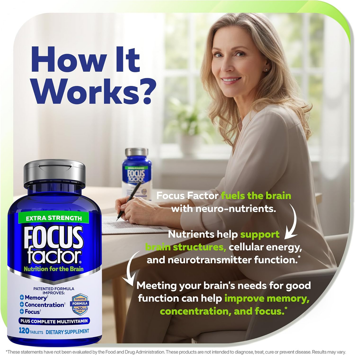 Focus Factor Extra Strength Brain Supplement for Adults – Memory, Concentration & Focus Multivitamin with DMAE, DHA & Vitamin D – 120 Count