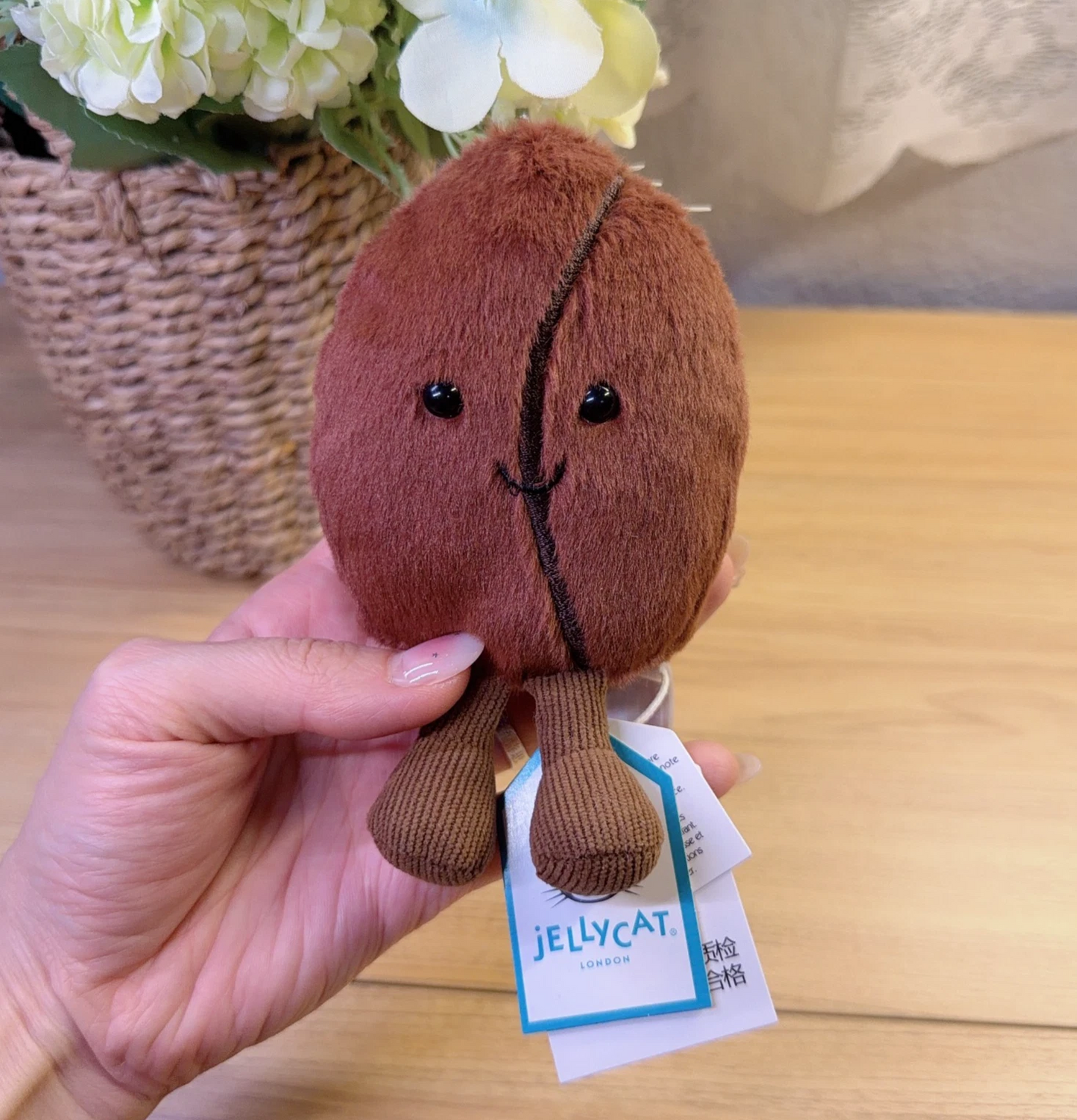 Jellycat Amuseable Coffee Bean Bag Charm – Cute Soft Plush Keychain with Dust Bag