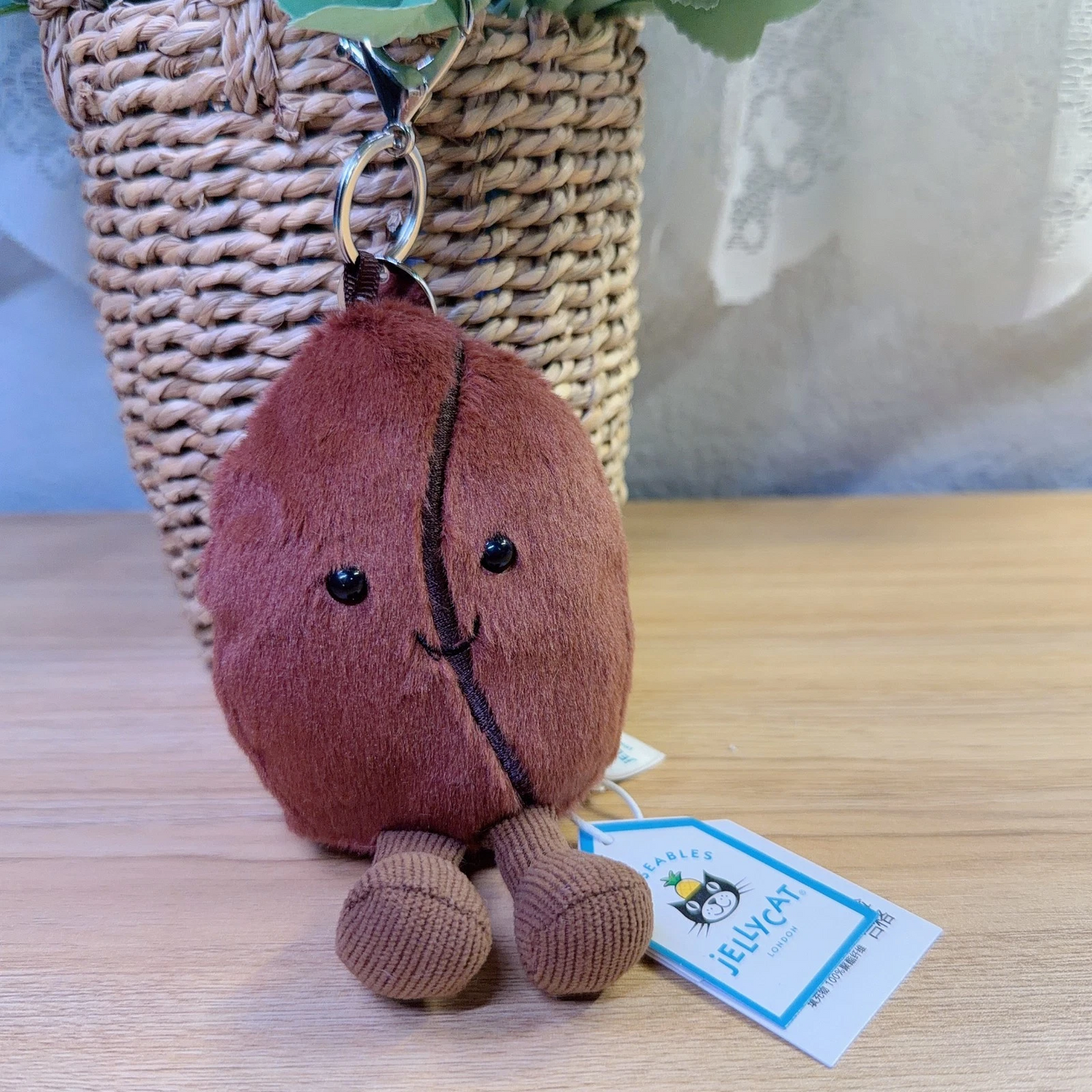 Jellycat Amuseable Coffee Bean Bag Charm – Cute Soft Plush Keychain with Dust Bag