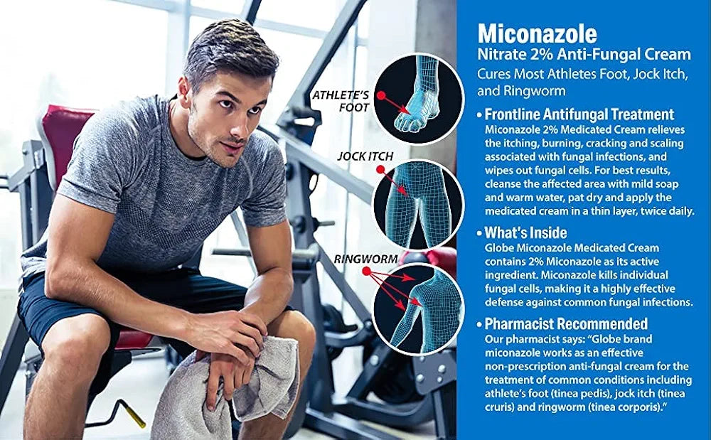 Miconazole Globe  Nitrate 2% Cream 1 oz, Cures Most Athletes Foot, Jock Itch, Ringworm and More.
