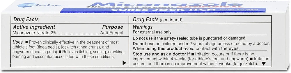 Miconazole Globe  Nitrate 2% Cream 1 oz, Cures Most Athletes Foot, Jock Itch, Ringworm and More.