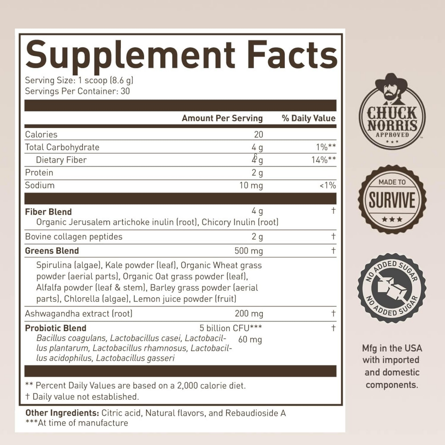 Morning Kick Roundhouse Supplement by Chuck Norris-Greens Superfood Powder Supplement with Ashwagandha, Collagen & Probiotics-30 Servings