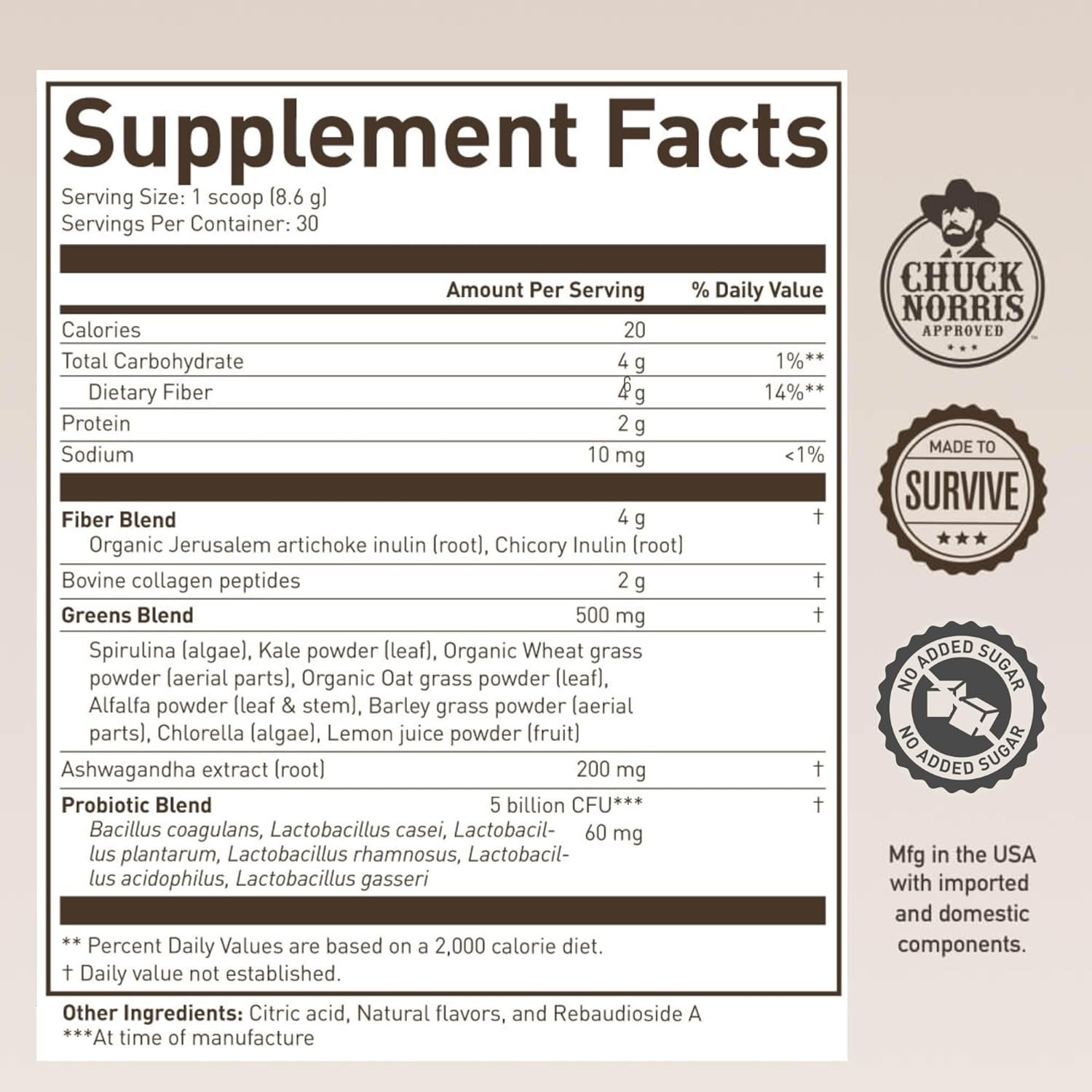 Morning Kick Roundhouse Supplement by Chuck Norris-Greens Superfood Powder Supplement with Ashwagandha, Collagen & Probiotics-30 Servings