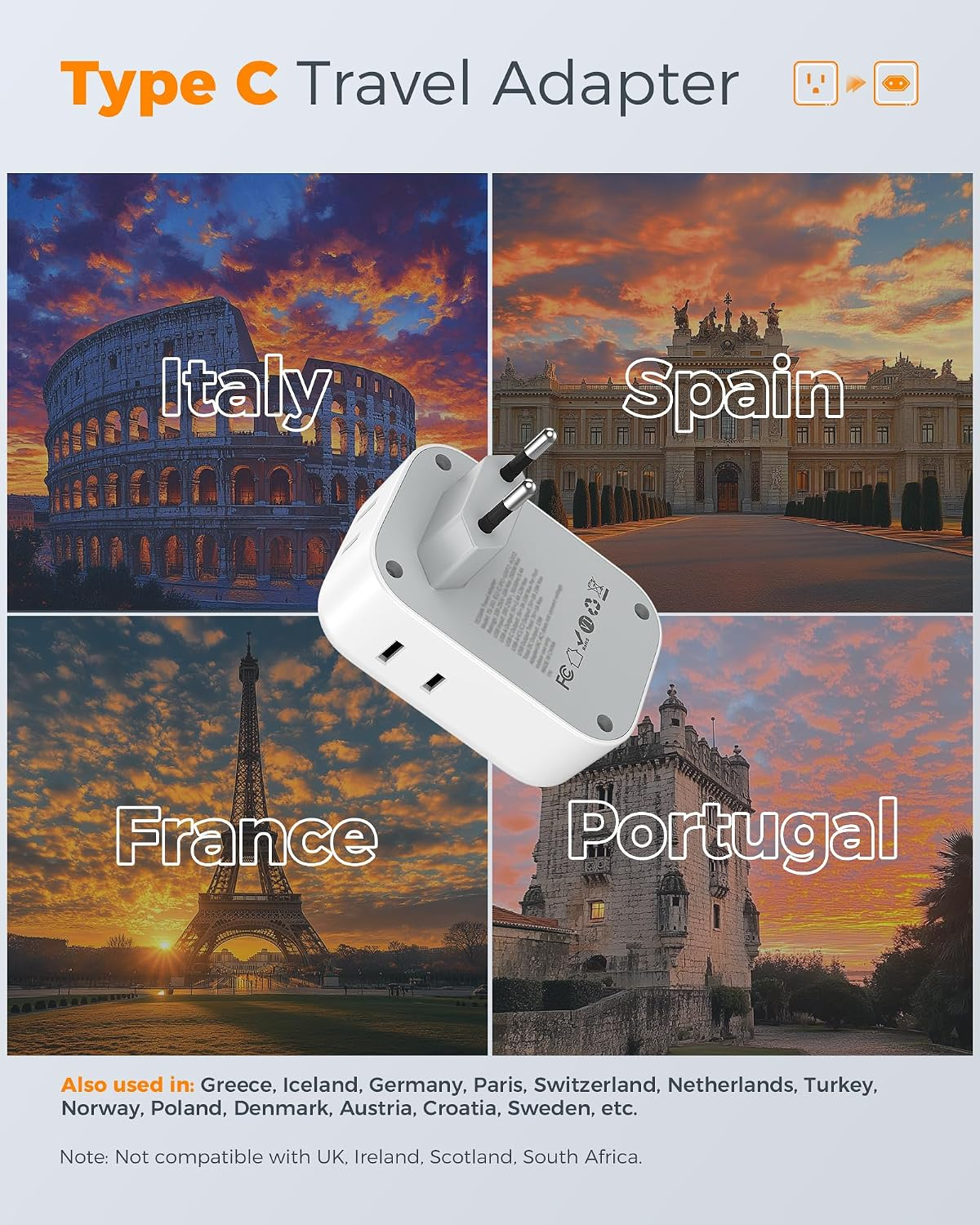 TESSAN European Travel Plug Adapter (2-Pack) — 4 Outlets + USB-C 20W Fast Charging | Type C International Adapter for Italy, Spain, France, Germany