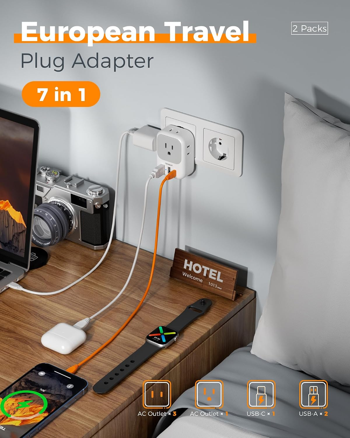 TESSAN European Travel Plug Adapter (2-Pack) — 4 Outlets + USB-C 20W Fast Charging | Type C International Adapter for Italy, Spain, France, Germany