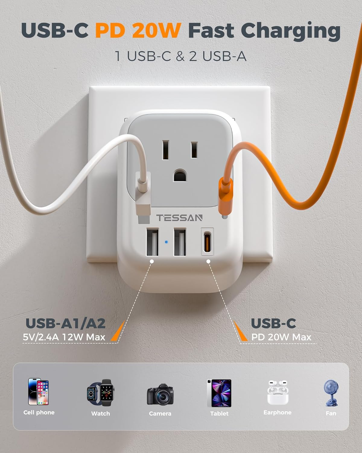 TESSAN European Travel Plug Adapter (2-Pack) — 4 Outlets + USB-C 20W Fast Charging | Type C International Adapter for Italy, Spain, France, Germany