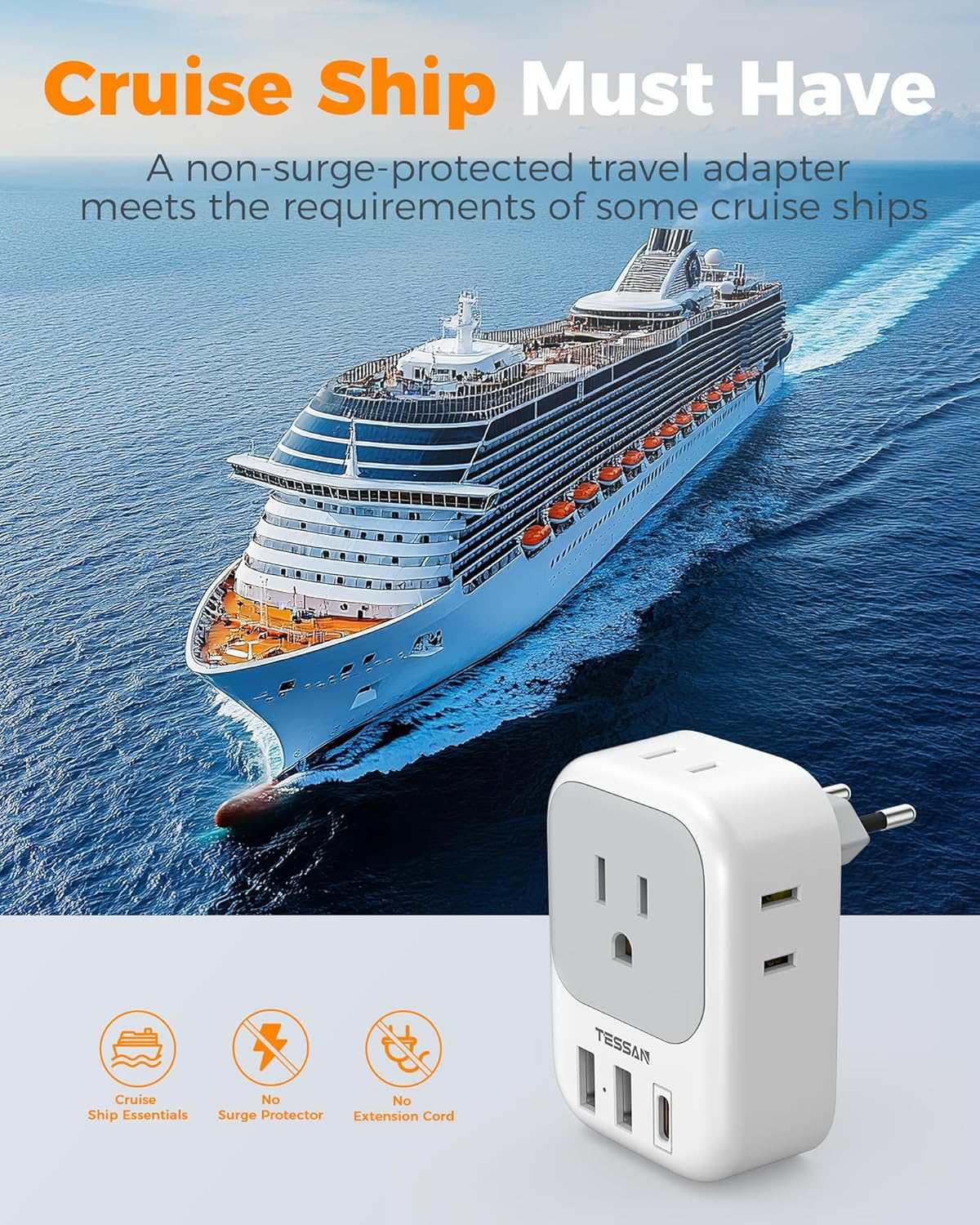 TESSAN European Travel Plug Adapter (2-Pack) — 4 Outlets + USB-C 20W Fast Charging | Type C International Adapter for Italy, Spain, France, Germany